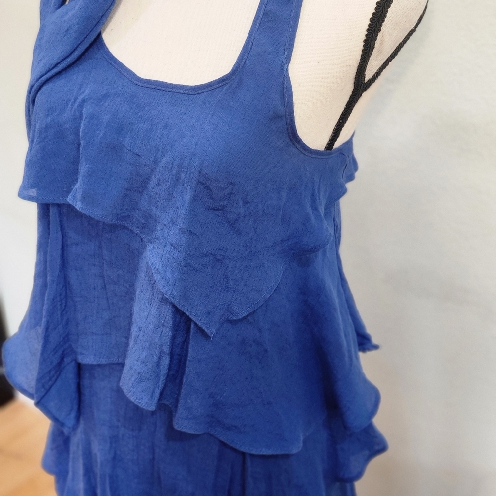 Blue Lightweight Racerback Tiered Flowy Ruffle Mini Dress w/Scarf - Picture 4 of 5